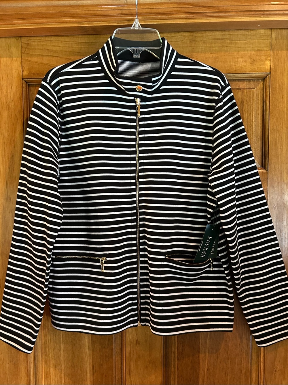 Lauren Ralph Lauren Reversible Black and White Striped Zip Jacket